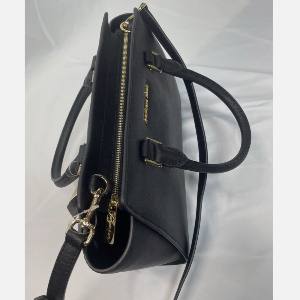 NEW Michael Kors Satchel Medium Size Handbag Crossbody Bag Black Leather/Gold - Picture 5 of 8